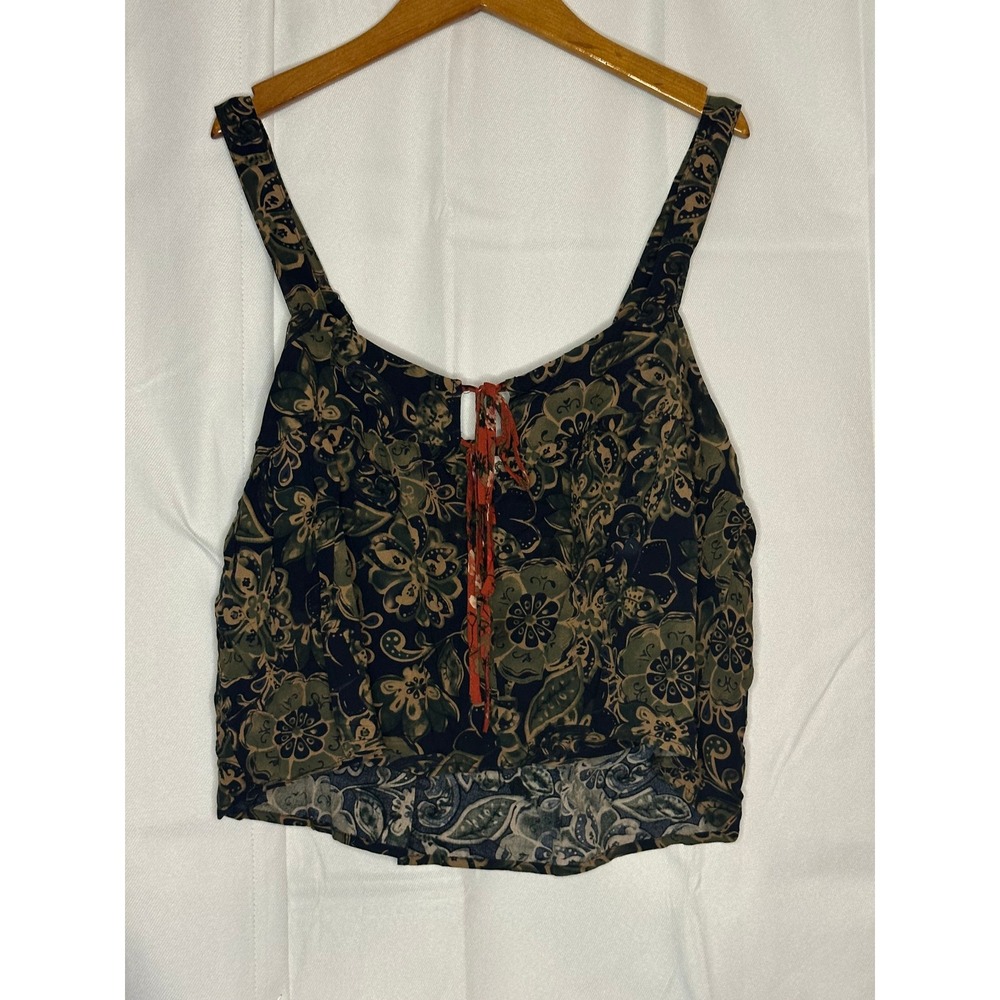 Natural Life Floral Tank Top M Boho Paisley Keyhole Tie Smocked Back Rayon